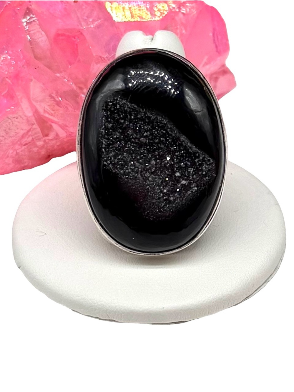 Black Onyx Druzy Ring Size 9.5 925 Sterling Silver Overlay